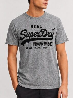 Superdry Grey Logo Graphic T-Shirt Men’s Medium Cotton Crewneck Tee
